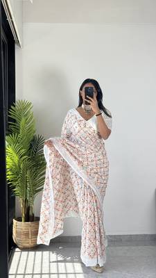 Off-White Georgette Multi Hand Embroidered Saree with Un-Stitched Blouse 5