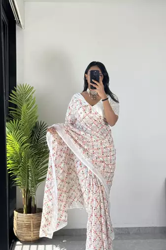 Off-White Georgette Multi Hand Embroidered Saree with Un-Stitched Blouse