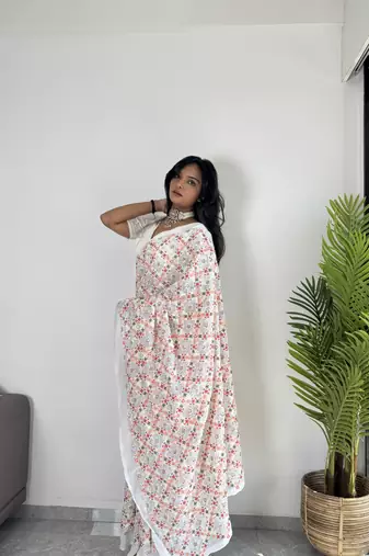 Off-White Georgette Multi Hand Embroidered Saree with Un-Stitched Blouse