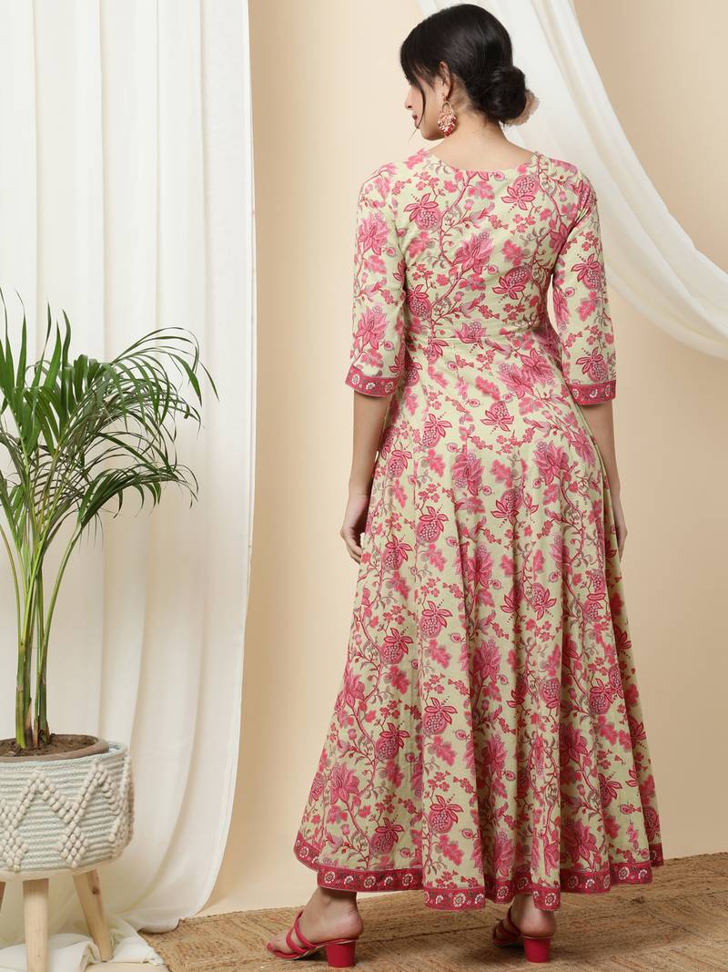 Gulmohar jaipur cotton ankle length printed flared 3/4 sleeves vneck