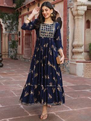 Gulmohar jaipur rayon ankle length printed flared 3/4 sleeves round kurta 1