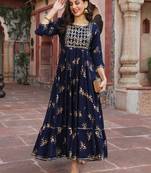 Gulmohar jaipur rayon ankle length printed flared 3/4 sleeves round kurta