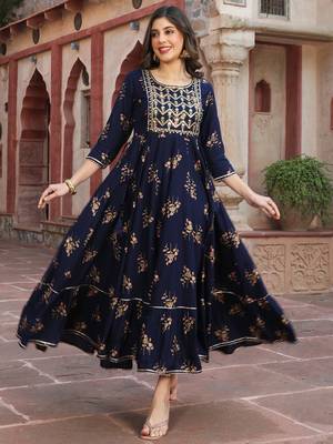 Gulmohar jaipur rayon ankle length printed flared 3/4 sleeves round kurta 2