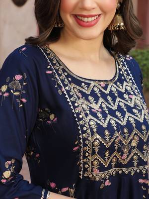 Gulmohar jaipur rayon ankle length printed flared 3/4 sleeves round kurta 5