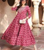 Gulmohar jaipur rayon ankle length printed flared 3/4 sleeves round kurta