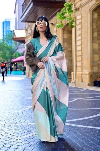 Multi Color Satin Crape Digital Print Saree With Blouse