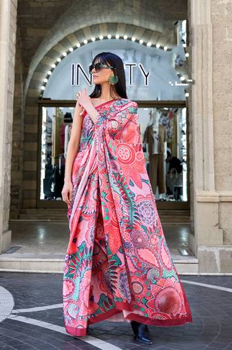 Multi Color Satin Crape Digital Print Saree With Blouse