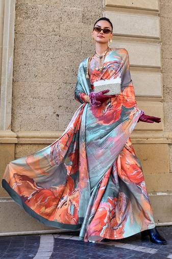 Multi Color Satin Crape Digital Print Saree With Blouse