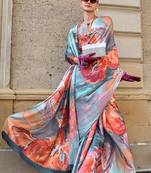 Multi Color Satin Crape Digital Print Saree With Blouse
