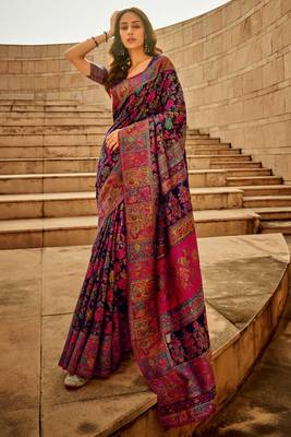 Navy Blue Kashmiri Silk Jacquard Woven Work Saree With Blouse 1