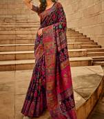 Navy Blue Kashmiri Silk Jacquard Woven Work Saree With Blouse