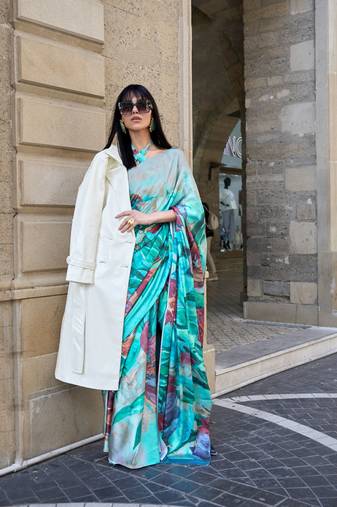 Skyblue Satin Crape Digital Print Saree With Blouse