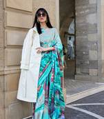 Skyblue Satin Crape Digital Print Saree With Blouse