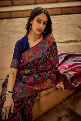 Navy Blue Kashmiri Silk Jacquard Woven Work Saree With Blouse 2