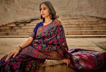 Navy Blue Kashmiri Silk Jacquard Woven Work Saree With Blouse 3