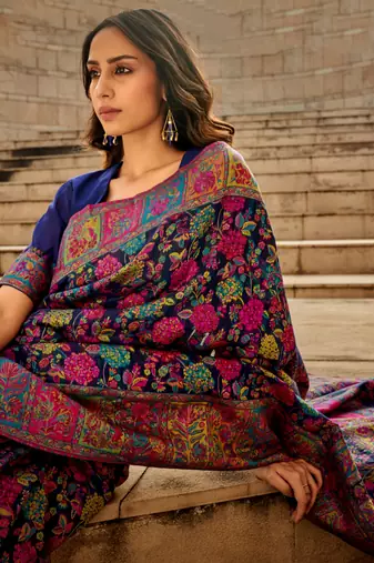 Navy Blue Kashmiri Silk Jacquard Woven Work Saree With Blouse
