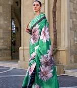 Green Satin Crape Digital Print Saree With Blouse