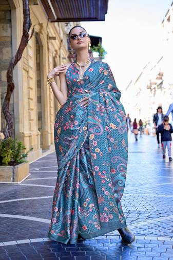 Steelblue Satin Crape Digital Print Saree With Blouse