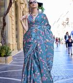 Steelblue Satin Crape Digital Print Saree With Blouse