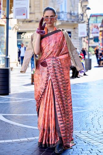 Coral Satin Crape Digital Print Saree With Blouse