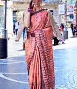 Coral Satin Crape Digital Print Saree With Blouse