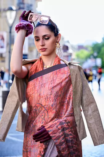 Coral Satin Crape Digital Print Saree With Blouse