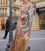 Grey Poly Brasso Handloom Silk Printed Poly Brasso Handloom Waving Saree With Blouse