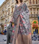 Darkgrey Poly Brasso Handloom Silk Printed Poly Brasso Handloom Waving Saree With Blouse