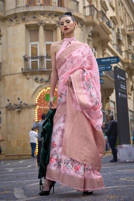 Pink Poly Brasso Handloom Silk Printed Poly Brasso Handloom Waving Saree With Blouse 1