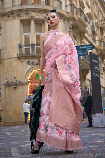 Pink Poly Brasso Handloom Silk Printed Poly Brasso Handloom Waving Saree With Blouse