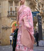 Pink Poly Brasso Handloom Silk Printed Poly Brasso Handloom Waving Saree With Blouse