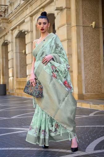 Mint Poly Brasso Handloom Silk Printed Poly Brasso Handloom Waving Saree With Blouse