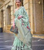 Mint Poly Brasso Handloom Silk Printed Poly Brasso Handloom Waving Saree With Blouse