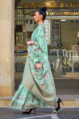 Mint Poly Brasso Handloom Silk Printed Poly Brasso Handloom Waving Saree With Blouse 2
