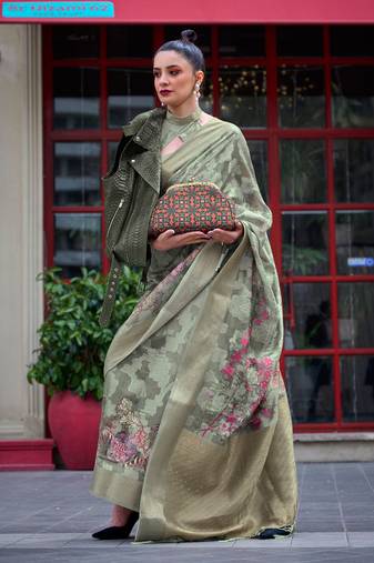 Pista Green Poly Brasso Handloom Silk Printed Poly Brasso Handloom Waving Saree With Blouse