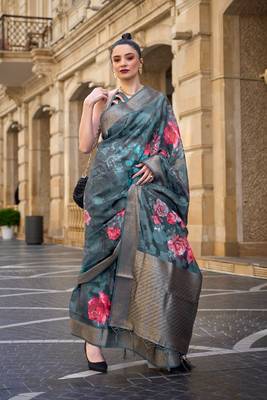 Cerulean Poly Brasso Handloom Silk Printed Poly Brasso Handloom Waving Saree With Blouse 1