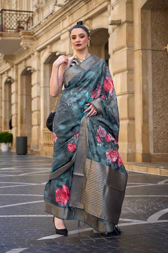 Cerulean Poly Brasso Handloom Silk Printed Poly Brasso Handloom Waving Saree With Blouse