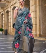 Cerulean Poly Brasso Handloom Silk Printed Poly Brasso Handloom Waving Saree With Blouse