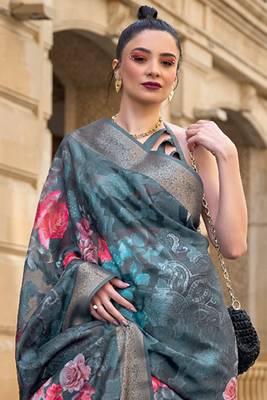 Cerulean Poly Brasso Handloom Silk Printed Poly Brasso Handloom Waving Saree With Blouse 2