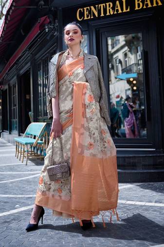 Ivory Poly Brasso Handloom Silk Printed Poly Brasso Handloom Waving Saree With Blouse