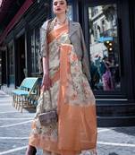 Ivory Poly Brasso Handloom Silk Printed Poly Brasso Handloom Waving Saree With Blouse