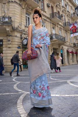 Skyblue Poly Brasso Handloom Silk Printed Poly Brasso Handloom Waving Saree With Blouse 1