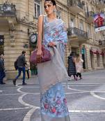 Skyblue Poly Brasso Handloom Silk Printed Poly Brasso Handloom Waving Saree With Blouse