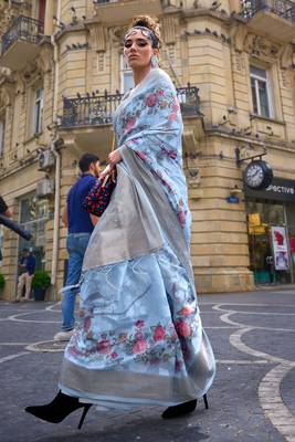 Skyblue Poly Brasso Handloom Silk Printed Poly Brasso Handloom Waving Saree With Blouse 2