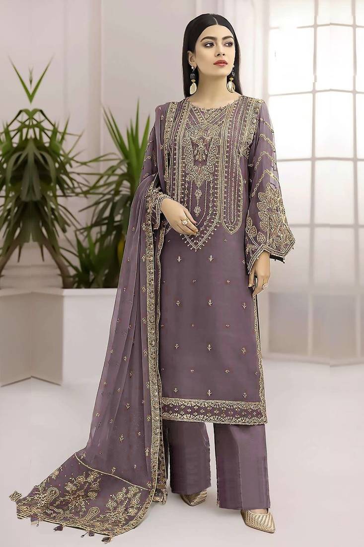 Plum georgette heavy embroidery work salwar kameez