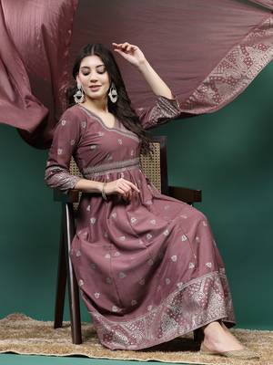 Women mauve color embroidery angrekha kurta pant with dupatta set 1