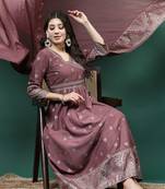 Women mauve color embroidery angrekha kurta pant with dupatta set