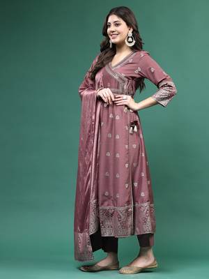 Women mauve color embroidery angrekha kurta pant with dupatta set 2