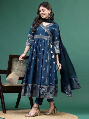 Women blue color embroidery angrekha kurta pant with dupatta set 1