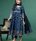 Women blue color embroidery angrekha kurta pant with dupatta set